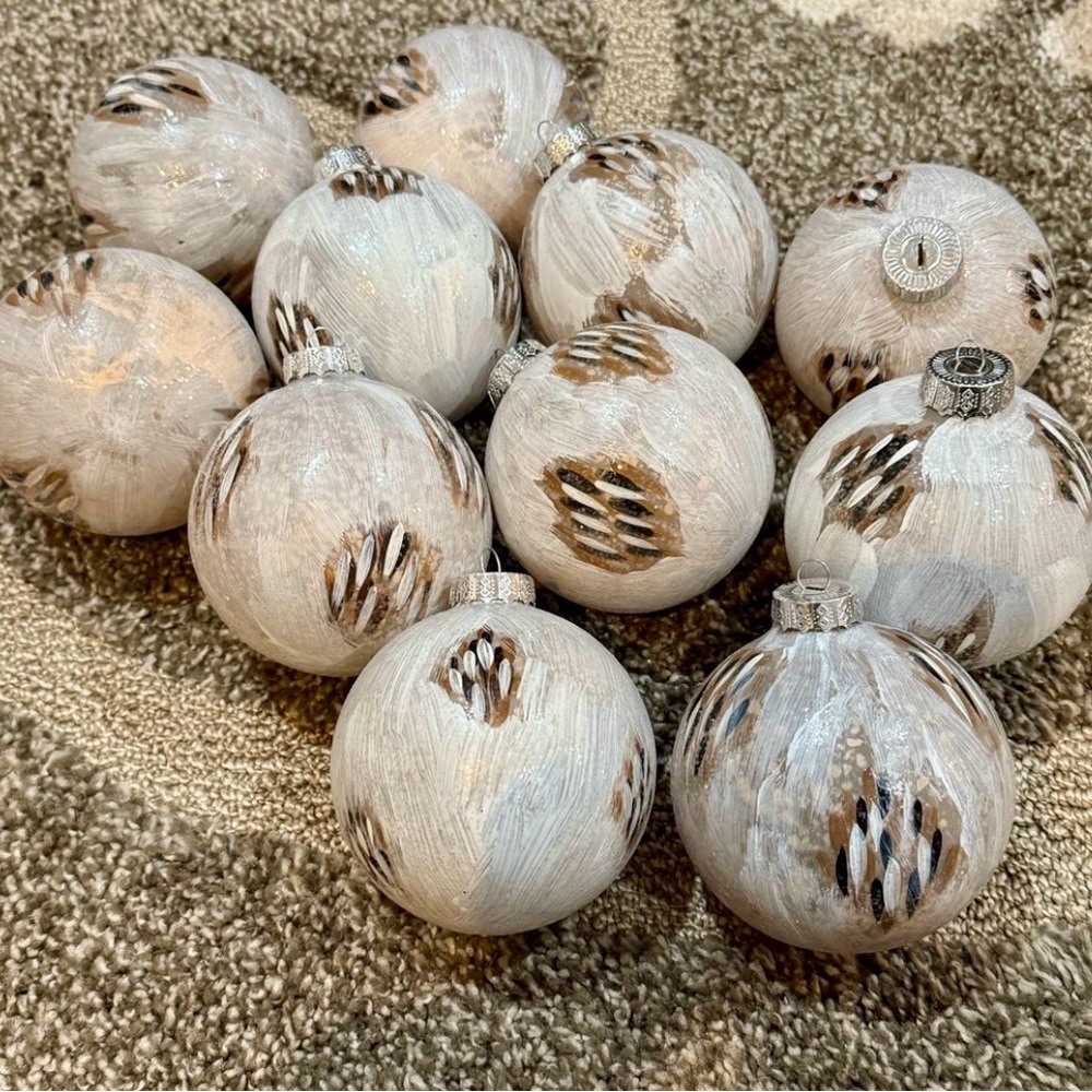 Vintage Pier 1 Glass Feather Christmas Ornaments - Set of 11 Cream Brown Black.